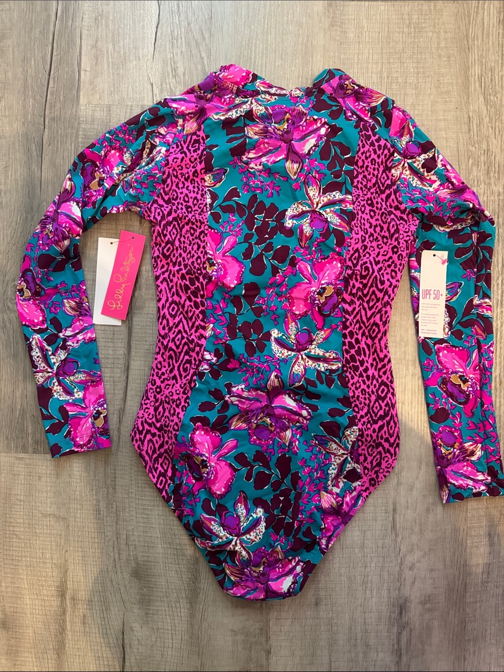 Lilly Pulitzer Raffa Rashguard Teal & Fuchsia Floral Long-Sleeve One-Piece Swim - Picture 4 of 5